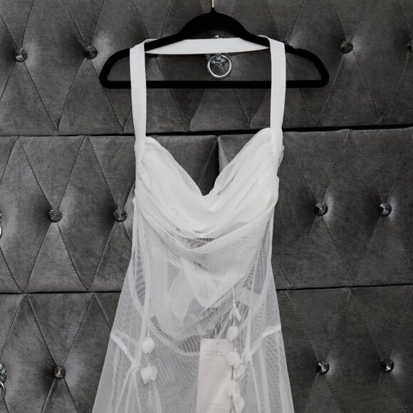 Akira White Sheer Floral Beaded Appliques Halter Maxi Tulle Dress Size Small - Picture 13 of 13